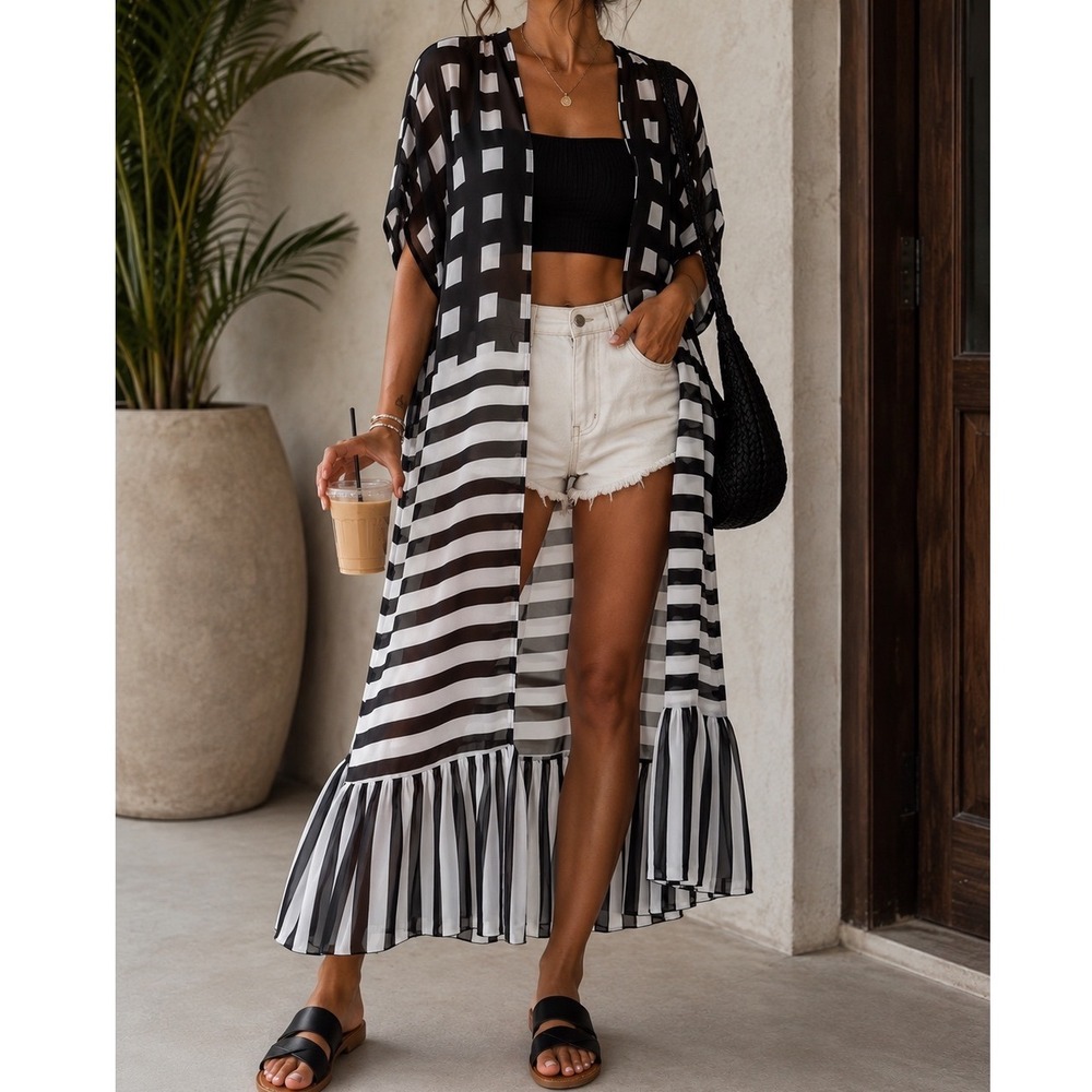 Cato Black White Striped Kimono Duster Sheer Longline Coverup Geometric Boho mm